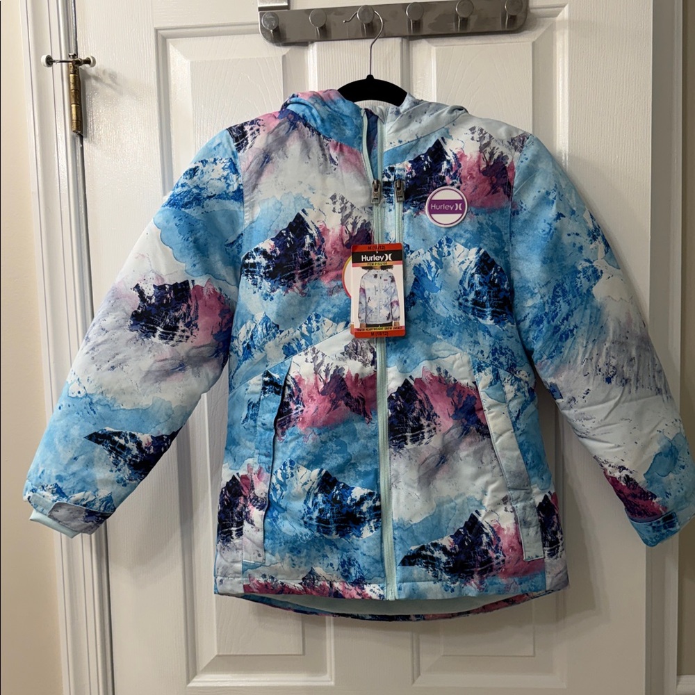NWT Hurley Girls Puffer Jacket in Blue and Pink Splash Size 10/12
